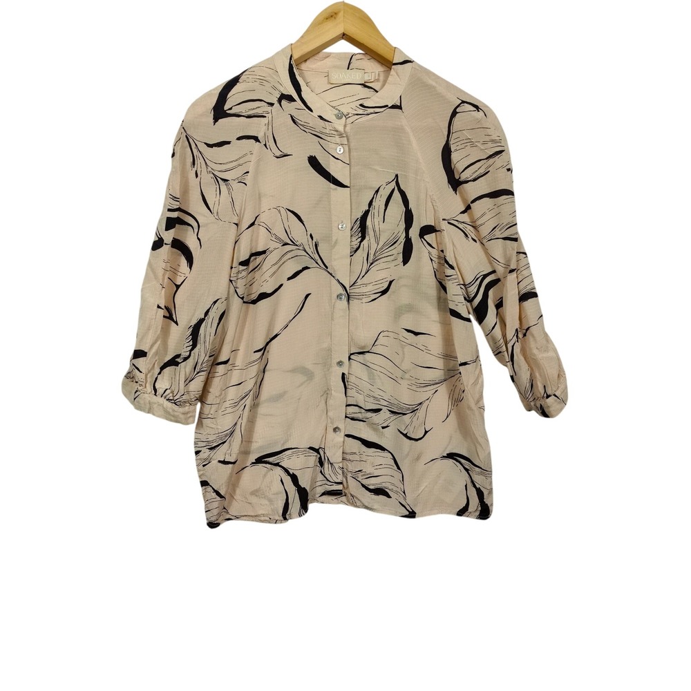 Soaked In Luxury Botanical Leaf Print Band Collar Shirt‎ S Tan Black Artisan
